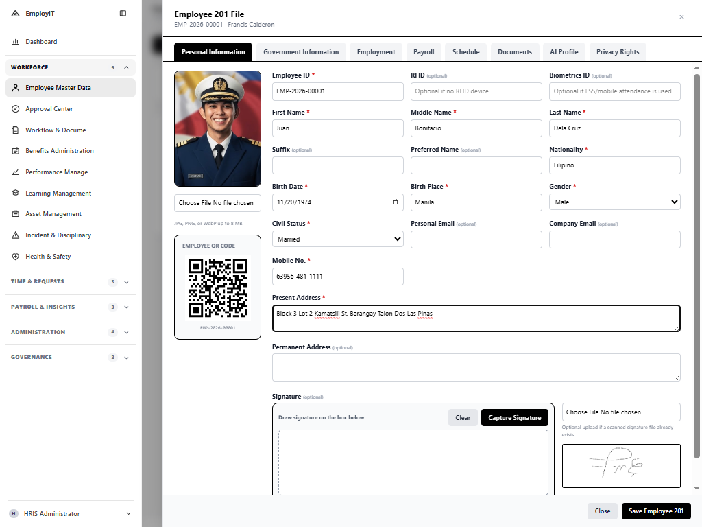 HRIS AI Employee 201 file with employee details, employment information, and HR records